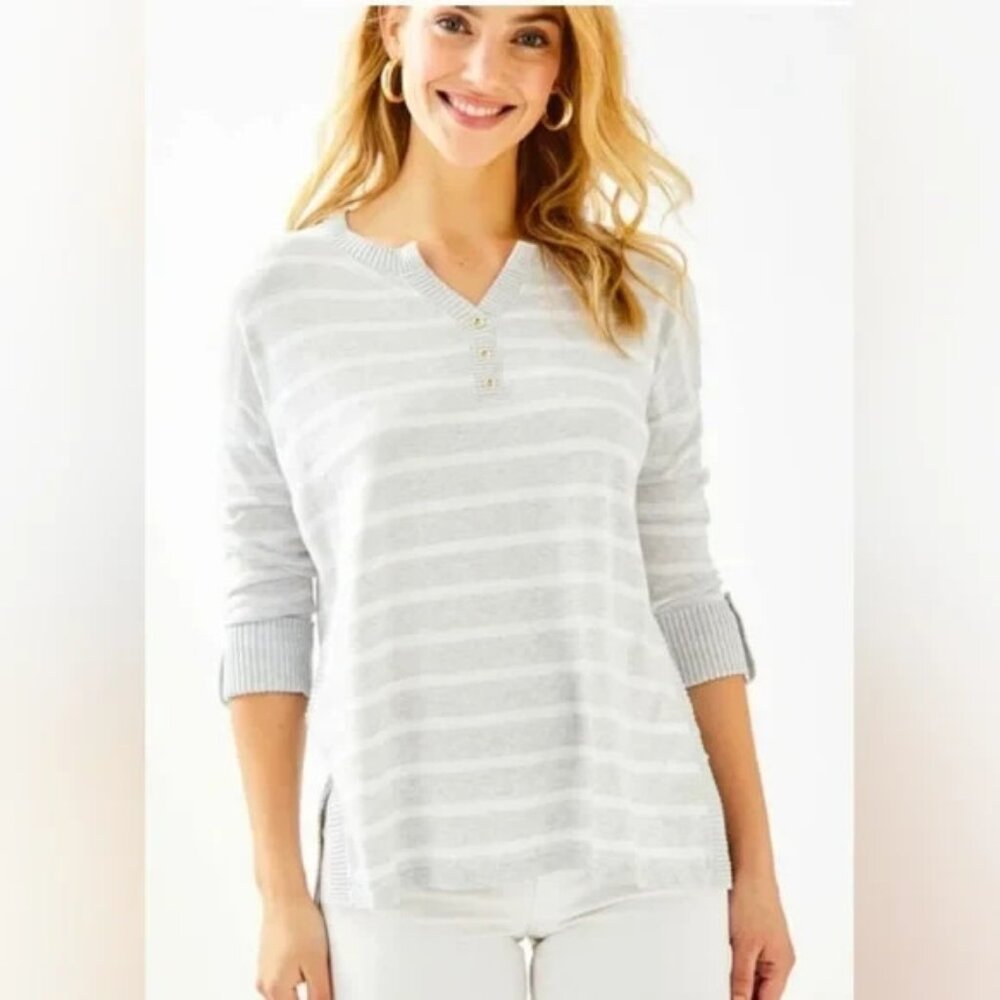 Lilly Pulitzer NWT XXS Faraway Sweater Heathered seaside Grey Stripe